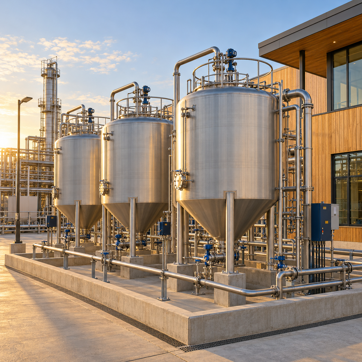 Process vessels and pipework for chemical decantation and liquid recovery.