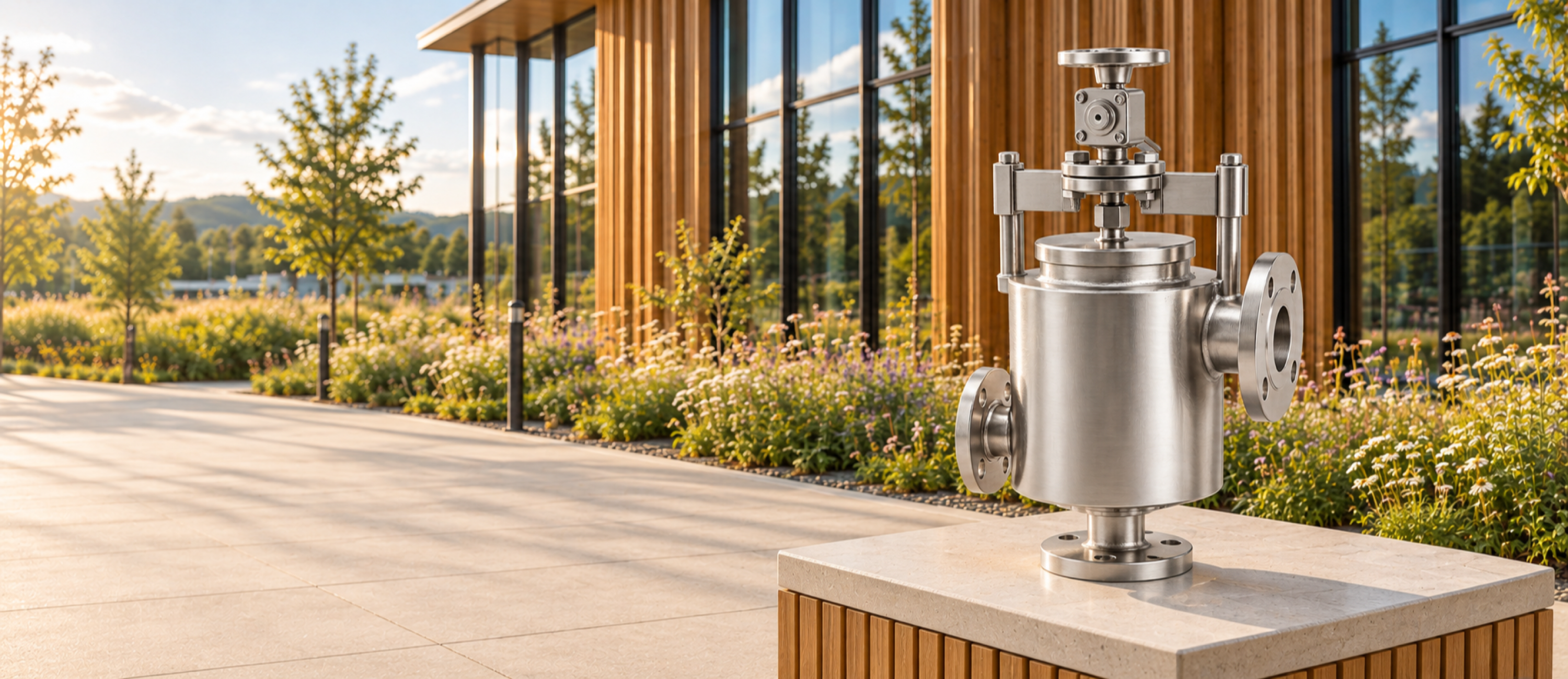 Belfield Valve displayed outside a timber and glass engineering building.