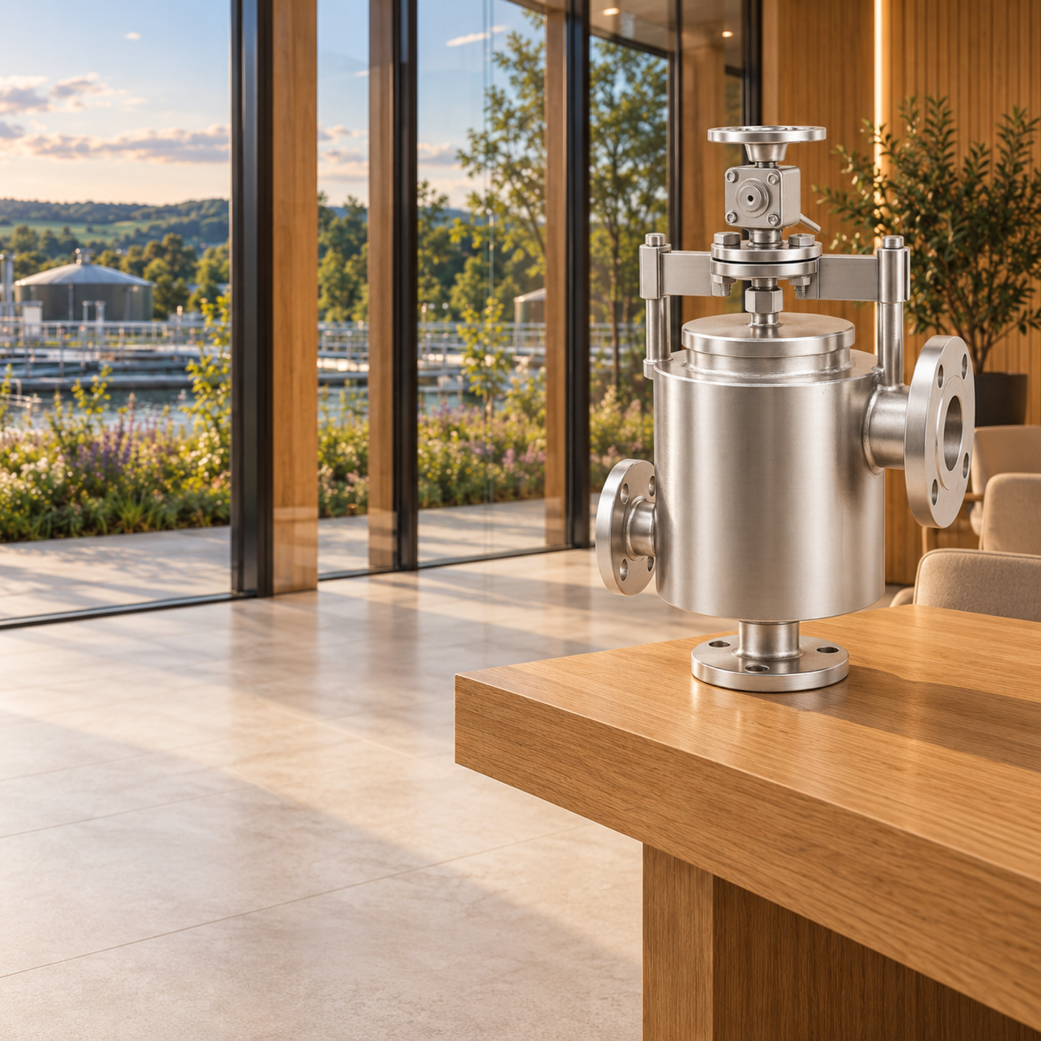 Belfield Valve displayed in a meeting room overlooking an industrial site.
