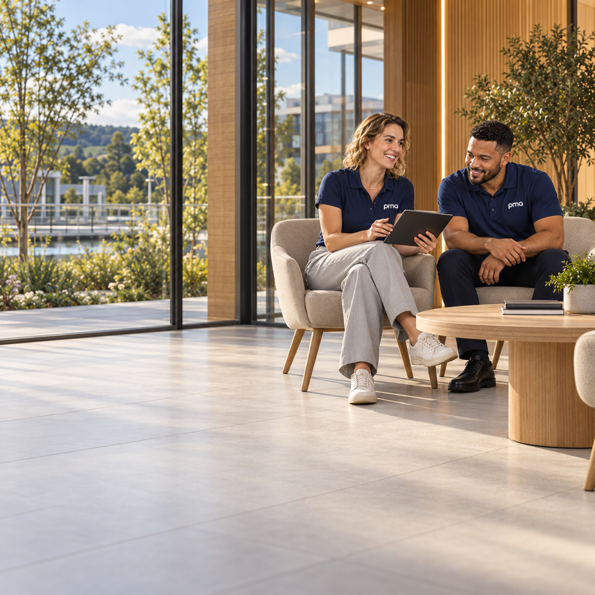Two colleagues discussing engineering requirements in an office lounge.