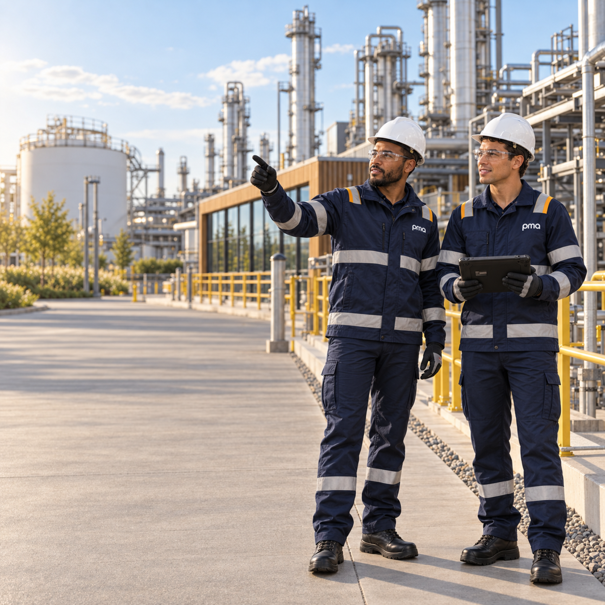 Engineers surveying process pipework and storage tanks at a refinery.