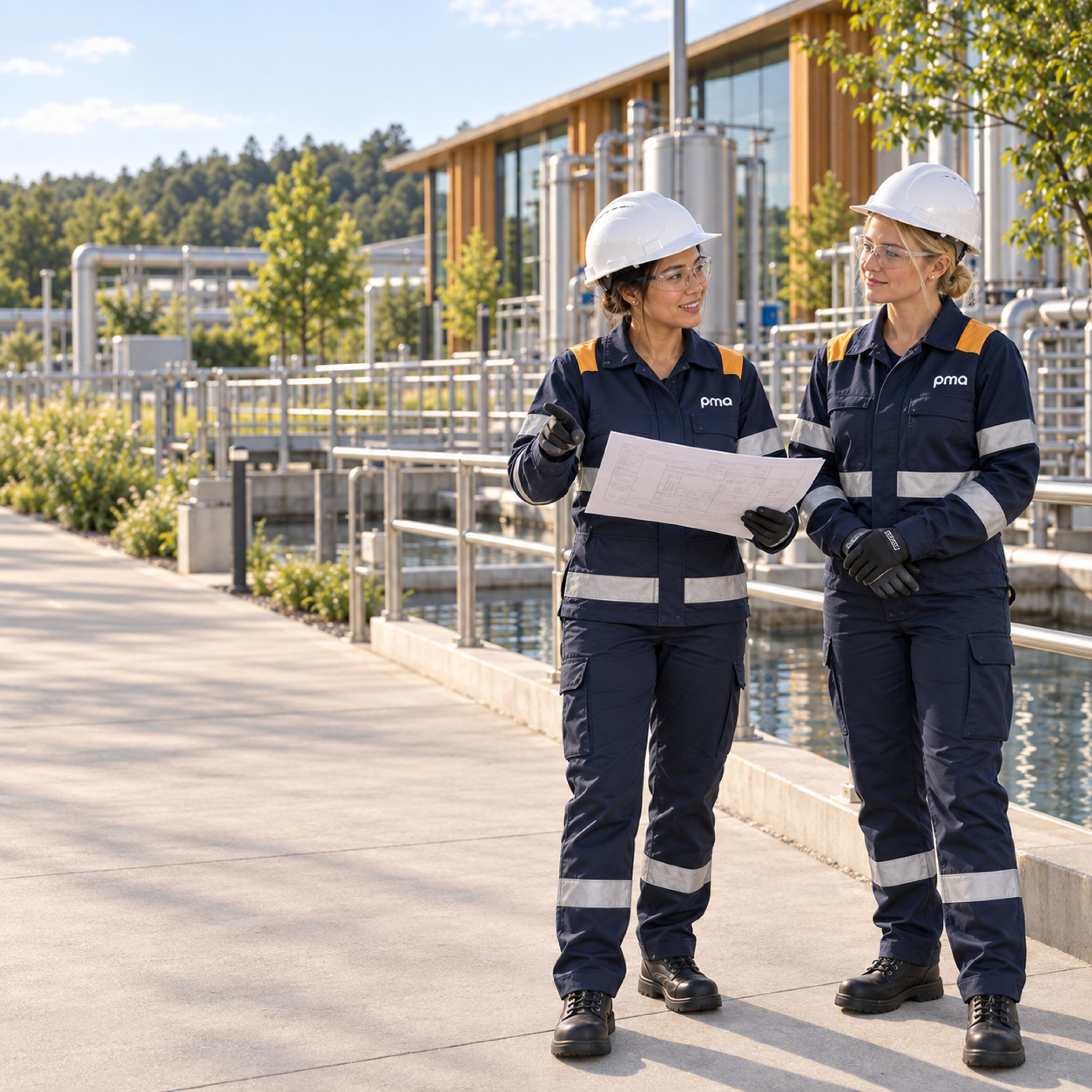 Engineers discussing effluent protection at an industrial process site.