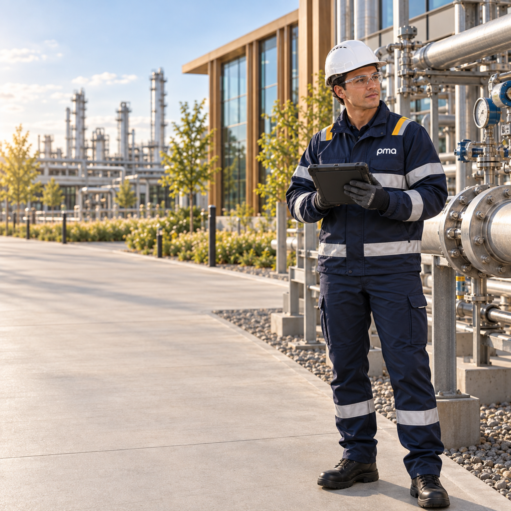 Engineer reviewing valve selection data beside industrial pipework.