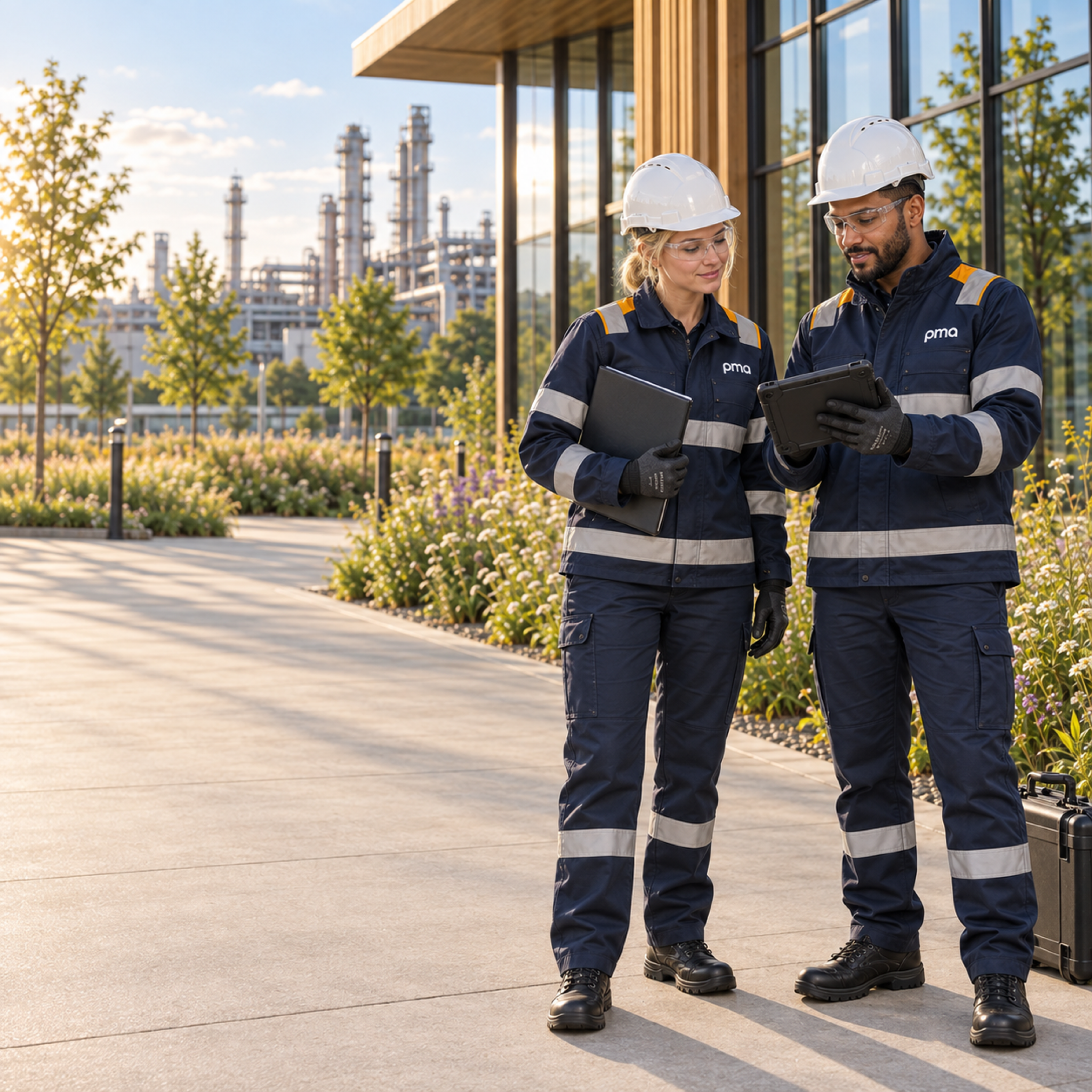 Engineers discussing a site handover beside an industrial building.